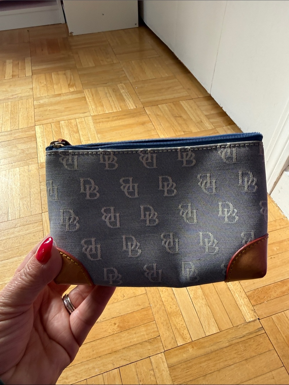 Gray Monogram Zip Pouch with Brown Trim